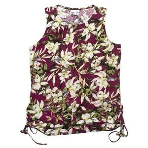 J. Jill Floral Maroon & White Sleeveless Cotton Top w/ Side Ruching - Size Small